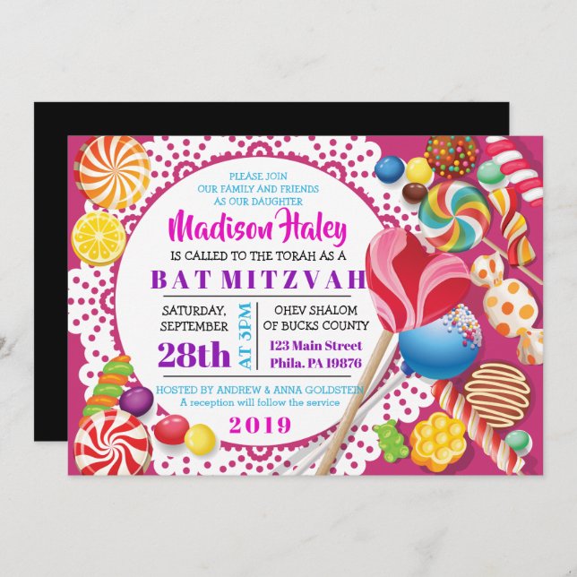 Invitation Bat mitzvah DE MAGASIN CANDY (Devant / Derrière)