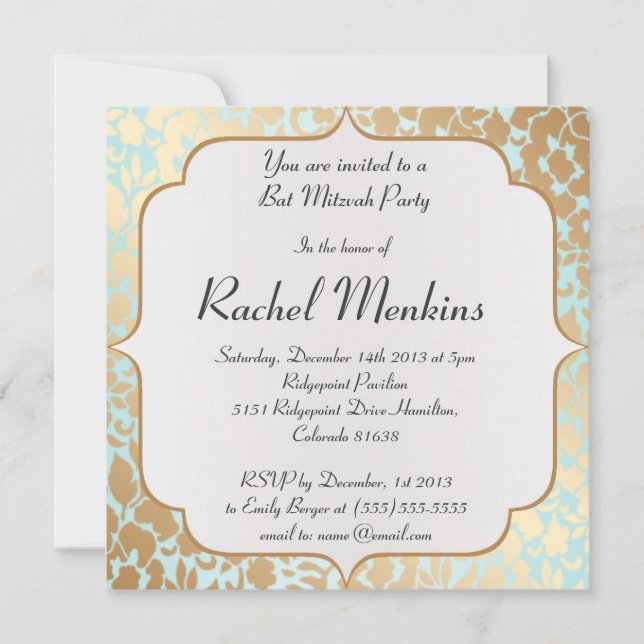 Invitation Bat mitzvah de métal Golden Aqua (Devant)
