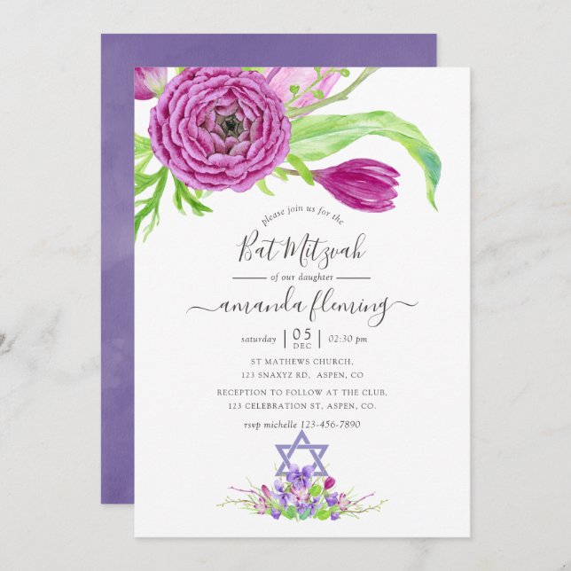 Invitation Bat mitzvah de printemps floral aquarelle (Devant / Derrière)