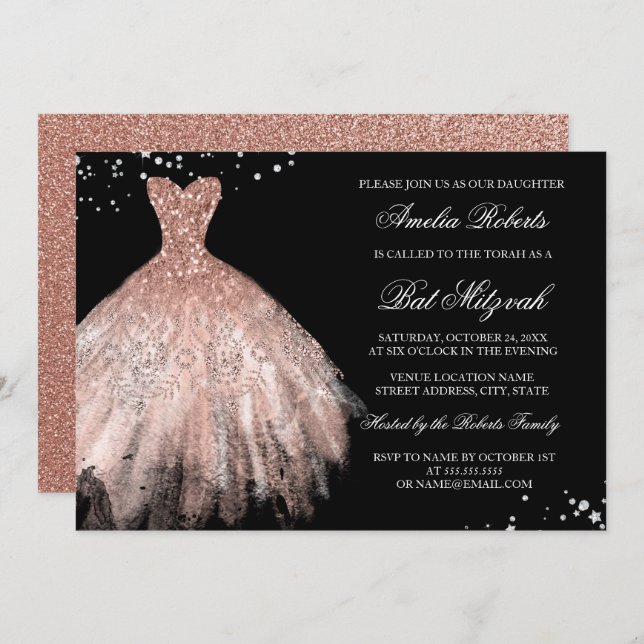 Invitation Bat mitzvah de robe Diamond Rose Gold (Devant / Derrière)