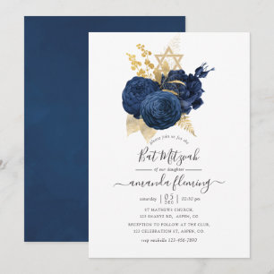 Invitation Bat mitzvah de Rose Vintage bleu et or Marine