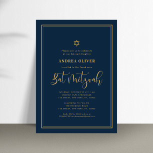 Invitation Bat mitzvah de script à double cadre bleu et or Na