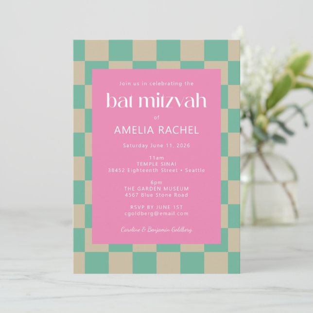 Invitation Bat mitzvah de tableau de bord vert Mod Pink Mint  (Debout devant)