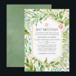 Invitation Bat mitzvah de verdure cristal géométrique<br><div class="desc">Invitation bat mitzvah verdoyant avec cadre géométrique or et lave-linge vert sauge à l'aquarelle inversé conçu pour être rapidement et facilement customisé à vos détails de l'événement.</div>