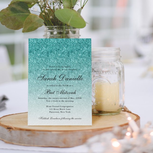 Invitation Bat mitzvah de verre Aqua Blue Parties scintillant (Créateur téléchargé)