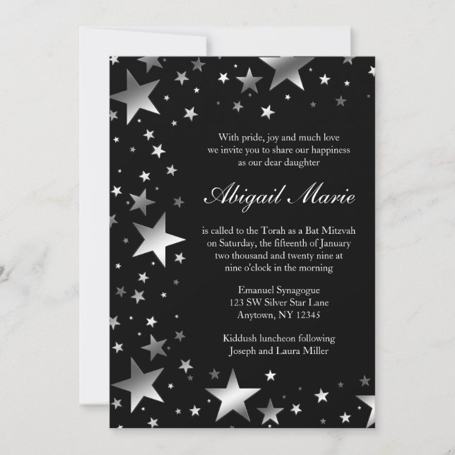 Invitation Bat mitzvah des étoiles noires en argent (Devant)