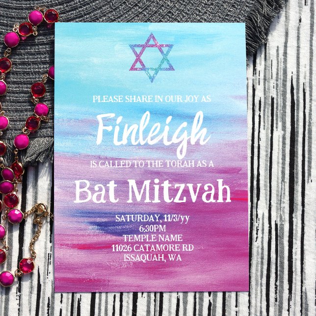 Invitation Bat mitzvah d'étoile de Parties scintillant rose c (Abstract Pink, Turquoise, Blue Bat Mitzvah Invitations, White Script Writing, Glitter Star of David)