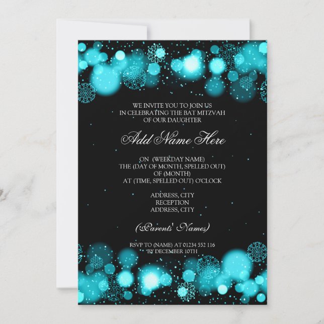 Invitation Bat mitzvah d'hiver Turquoise Snowflakes Lights (Devant)