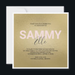 Invitation Bat mitzvah d'or Faux<br><div class="desc">Cette invitation de bat mitzvah carré présente votre nom dans une police moderne audacieuse avec votre deuxième nom dans la typographie manuscrite tendance sur un arrière - plan faux or. La carte invitation revient à un gris charbon solide offert. Un choix mignon mais simple pour la soirée élégante de votre...</div>