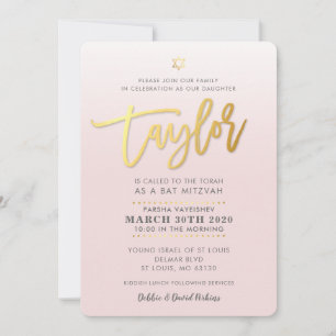 Invitation Bat mitzvah DOUANE EN or rose pâle TAYLOR