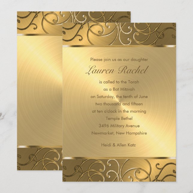 Invitation Bat mitzvah Elegant All Gold Filigree (Devant / Derrière)