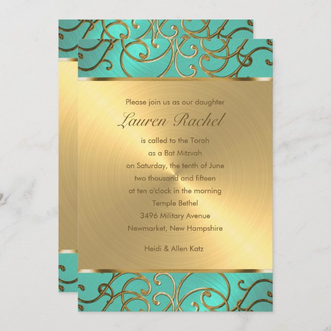 Invitation Bat mitzvah Elegant Aqua Green Gold Filigree (Devant / Derrière)