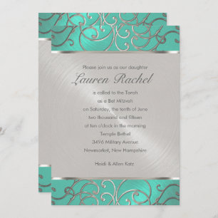 Invitation Bat mitzvah Elegant Aqua Green Silver Filigree