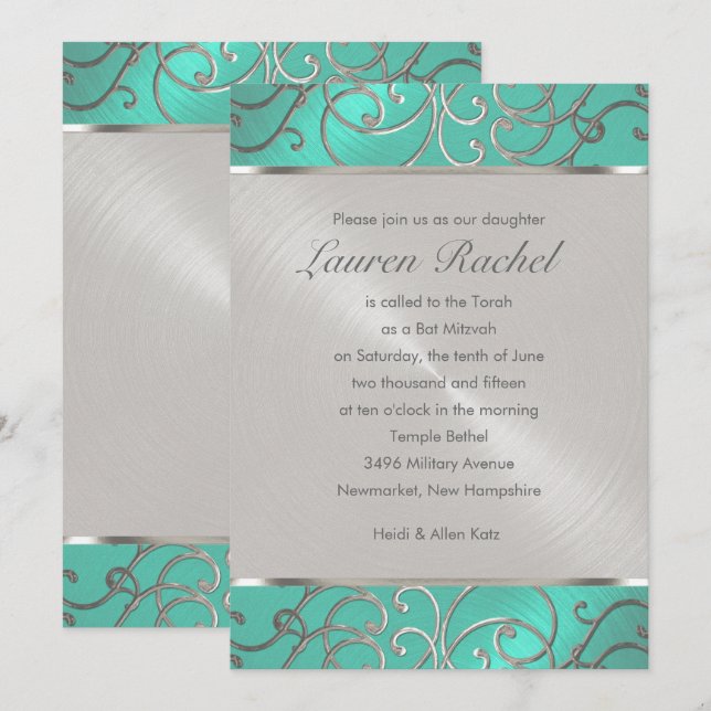 Invitation Bat mitzvah Elegant Aqua Green Silver Filigree (Devant / Derrière)
