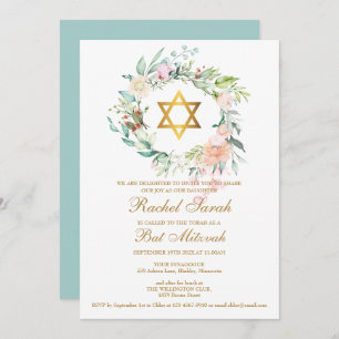 Invitation Bat mitzvah Elegant Aquarelle Floral Garland