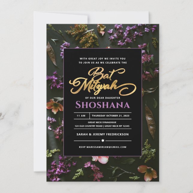 Invitation Bat mitzvah Élégant Boho Moderne Script Floral (Devant)