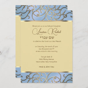 Invitation Bat mitzvah élégant Dusty Blue et Gold Filigree