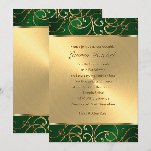 Invitation Bat mitzvah Elegant Emerald Green Filigree or (Devant / Derrière)