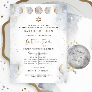 Invitation Bat mitzvah élégant en argent et bleu céleste