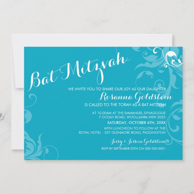 INVITATION bat mitzvah élégant fleuri turquoise aq (Devant)