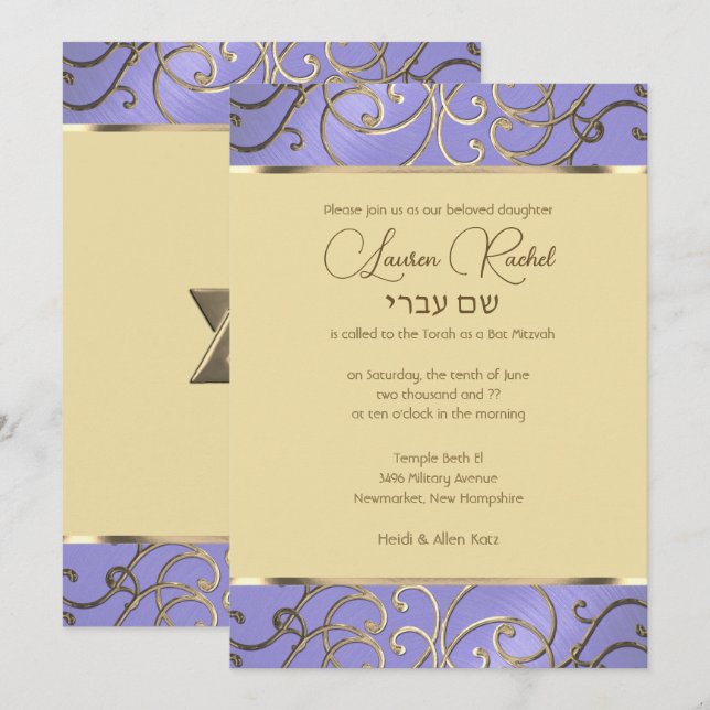 Invitation Bat mitzvah Élégant Lavande Purple Gold Filigree (Devant / Derrière)