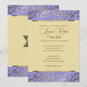 Invitation Bat mitzvah Élégant Lavande Purple Gold Filigree
