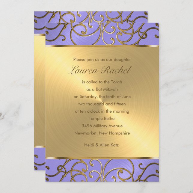 Invitation Bat mitzvah Élégant Lavande Purple Gold Filigree (Devant / Derrière)