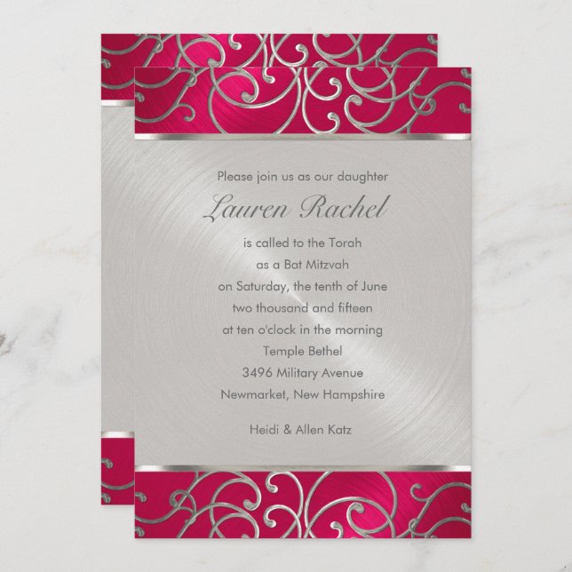 Invitation Bat mitzvah Élégant Magenta Rose Silver Filigree (Devant / Derrière)