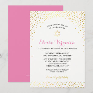Invitation BAT MITZVAH élégant mini confetti spot or rose