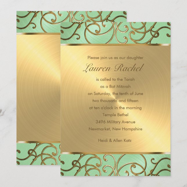 Invitation Bat mitzvah Elegant Mint Green Gold Filigree (Devant / Derrière)