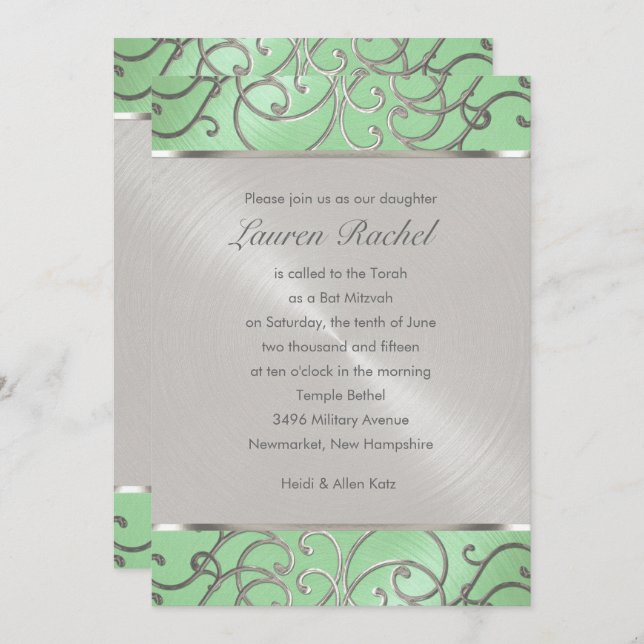 Invitation Bat mitzvah Elégant Mint Green Silver Filigree (Devant / Derrière)