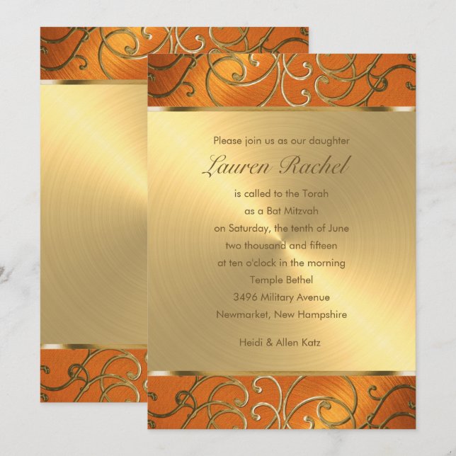 Invitation Bat mitzvah élégant orange et Gold Filigree (Devant / Derrière)