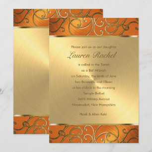 Invitation Bat mitzvah élégant orange et Gold Filigree