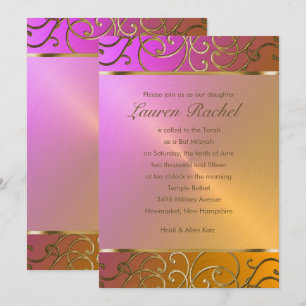 Invitation Bat mitzvah Elegant Orange Rose Gold Filigree