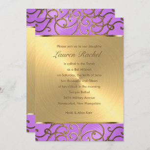 Invitation Bat mitzvah Elegant Orchidée Purple Gold Filigree