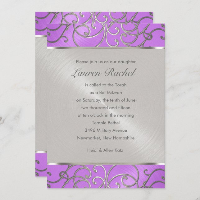 Invitation Bat mitzvah Elégant orchidée violet argent Filigre (Devant / Derrière)