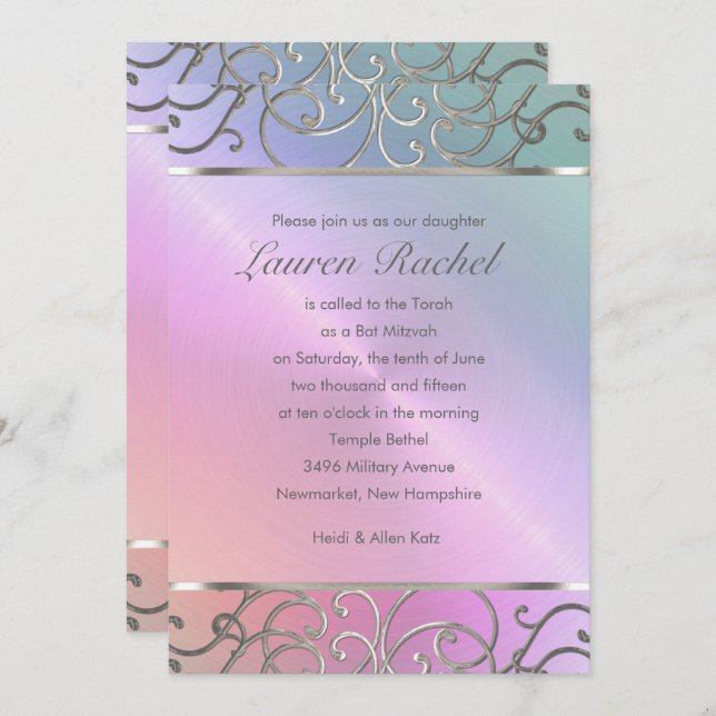 Invitation Bat mitzvah Elegant Pearl Rose Silver Filigree (Devant / Derrière)