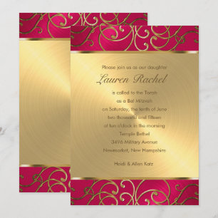 Invitation Bat Mitzvah Élégant Rose Magenta Or Filigrane