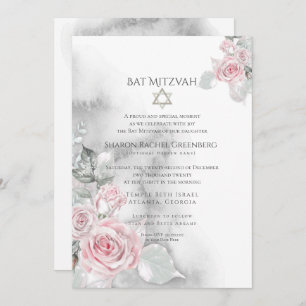 Invitation BAT MITZVAH Elégant Roses d'aquarelle rose
