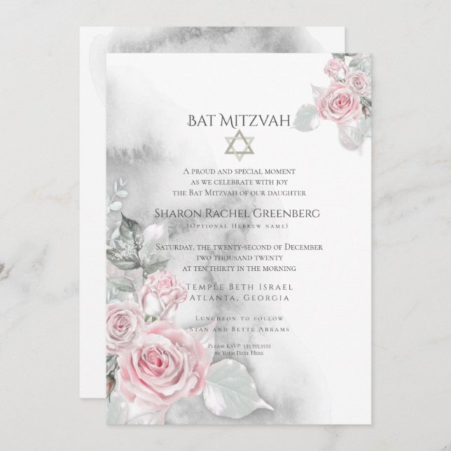 Invitation BAT MITZVAH | Elégant Roses d'aquarelle rose (Devant / Derrière)