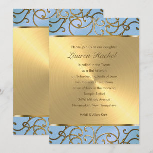 Invitation Bat mitzvah élégant Sky Blue et Gold Filigree