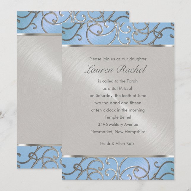 Invitation Bat mitzvah élégant Sky Blue et Silver Filigree (Devant / Derrière)