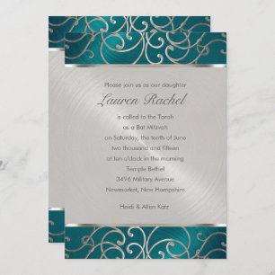 Invitation Bat mitzvah élégant Turquoise bleu et argent Filig
