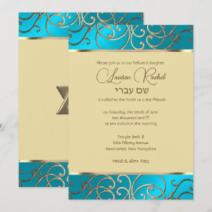 Invitation Bat mitzvah Elegant Turquoise Blue Gold Filigree