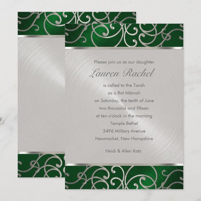 Invitation Bat mitzvah Élégant vert émeraude Filigree argenté (Devant / Derrière)