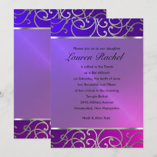 Invitation Bat mitzvah élégant violet rose violet argent Fili