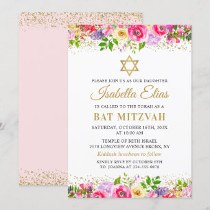 Invitation Bat mitzvah élégante Pink Gold Floral