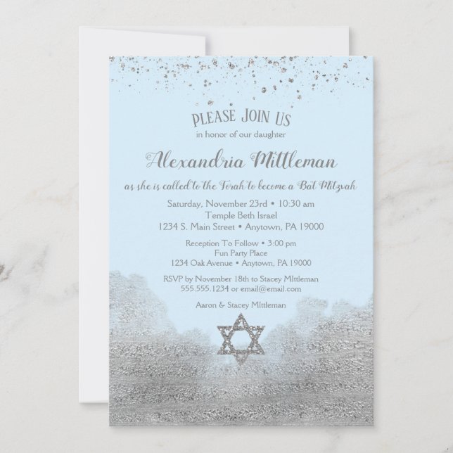 Invitation Bat mitzvah en argent bleu (Devant)