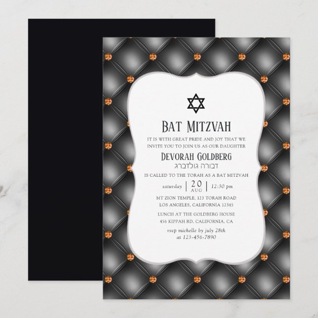Invitation Bat mitzvah en cuir noir et orange Gem Faux (Devant / Derrière)