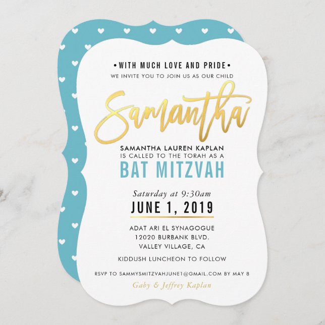 Invitation BAT MITZVAH en or bleu turquoise script SAMANTHA (Devant / Derrière)